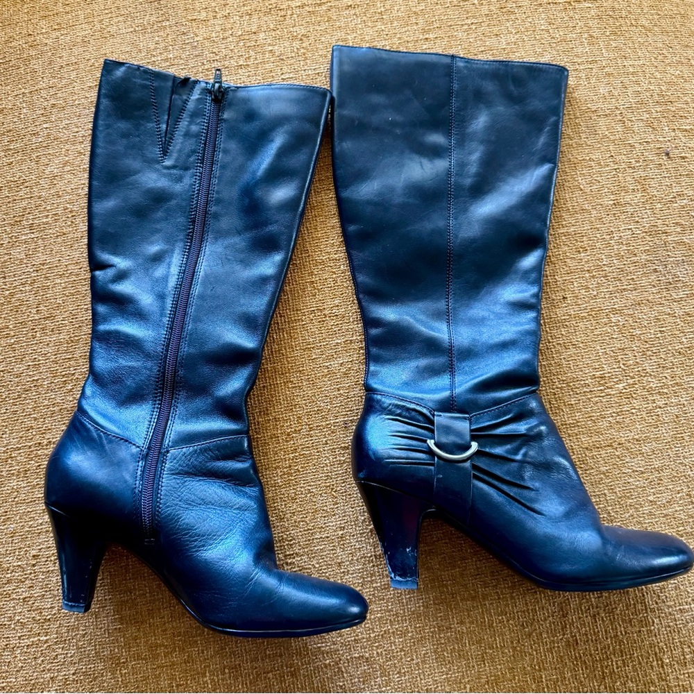 Naturalizer Black Leather Barstow Boots Knee Buckle 9 Wide Calf Shaft As Is
